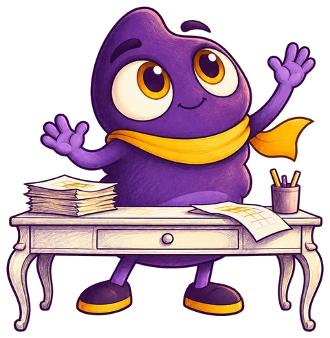Mascote na mesa de trabalho, pronto para ajudar